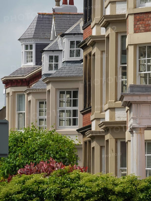 Row of townhouses with various architectural details and sloping roofs, surrounded by trees, tynemouth, England, United Kingdom, Europe