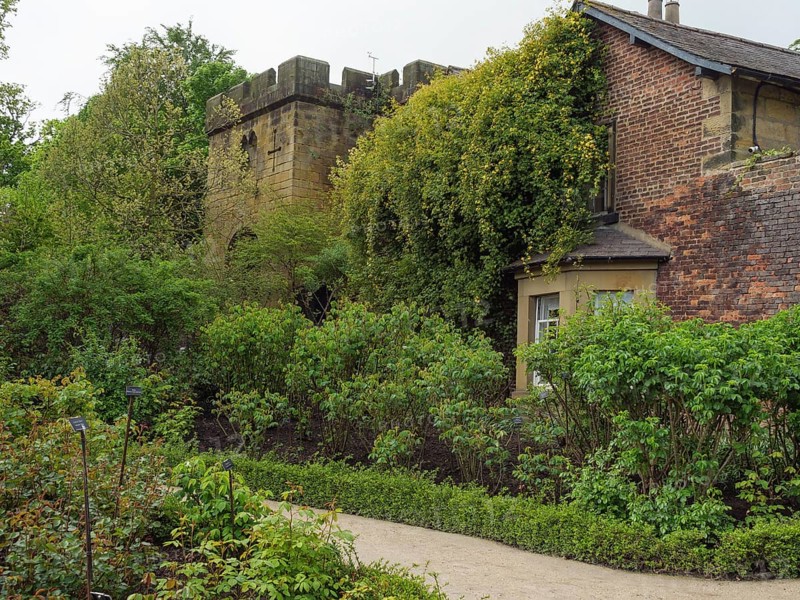 An old fortified tower and neighbouring building surrounded by dense greenery and flowers in a well-tended garden, Newcastle, England, United Kingdom, Europe