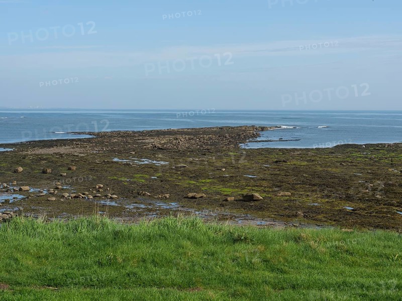 Clear views of the sea, rocks and a calm coastline under a blue sky, Newcastle, England, United Kingdom, Europe