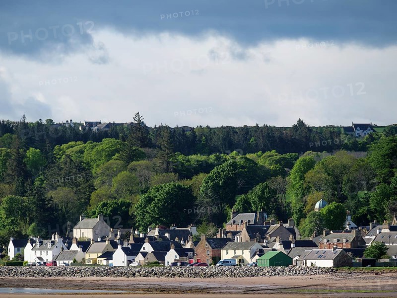 A small village of houses on the coast, surrounded by dense trees and clouds in the sky, inverness, Scotland, United Kingdom, Europe