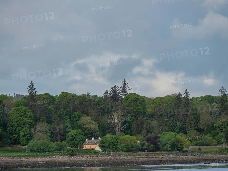 A small house on the edge of a forest, surrounded by tall trees and overlooking a riverbank under a cloudy sky, inverness, Scotland, United Kingdom, Europe