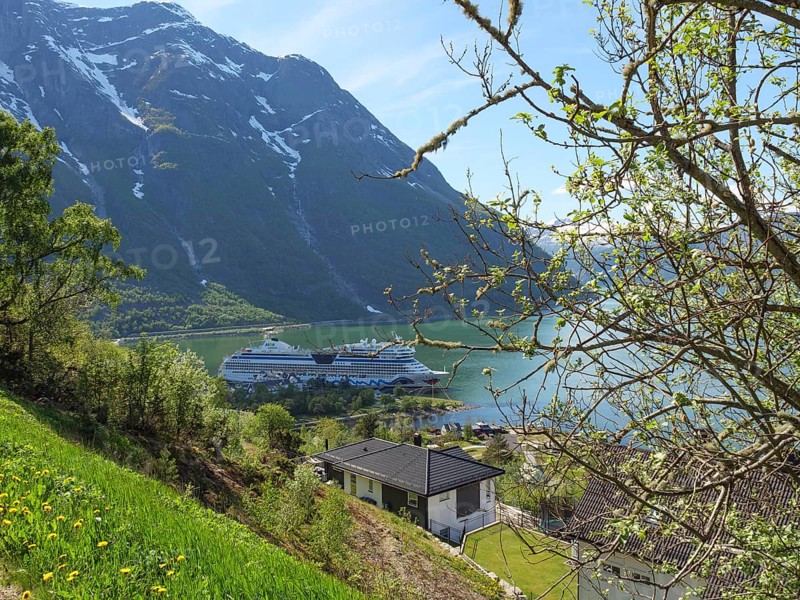 View of a house and a cruise ship in a lake surrounded by mountains and greenery, Eidfjord NOR 2