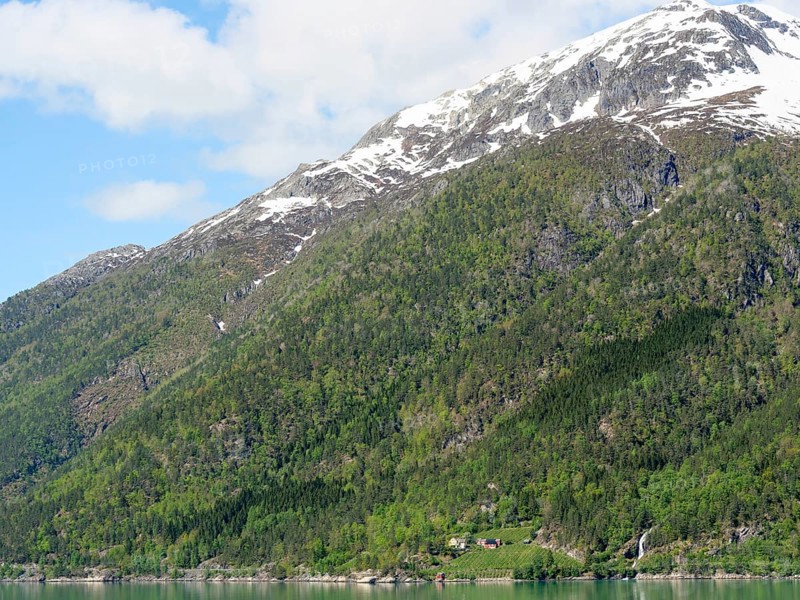 Snow-capped mountains and green hills under a clear sky in calm weather, Eidfjörd, Norway, Europe