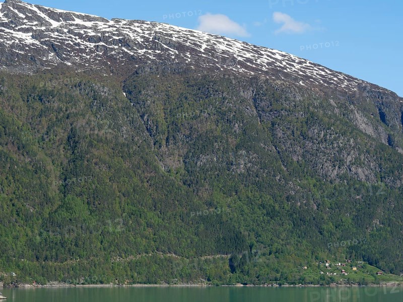 High mountain landscape with snow-capped peaks and green mountain slopes under a clear sky, Eidfjörd, Norway, Europe