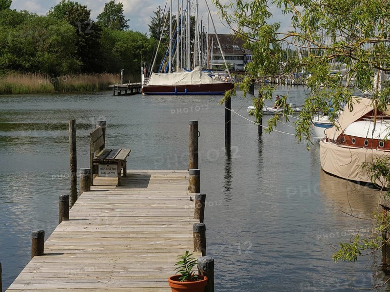Wooden jetty on the water with moored boats and trees in the background, Arnis, Schleswig-Holstein, Germany, Europe