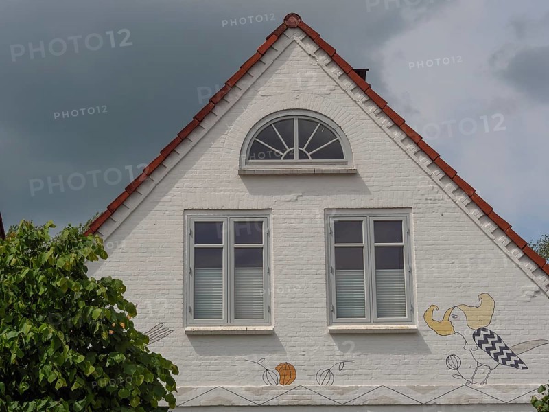 The façade of a house with ornate windows and drawings on the gable wall, Arnis, Schleswig-Holstein, Germany, Europe