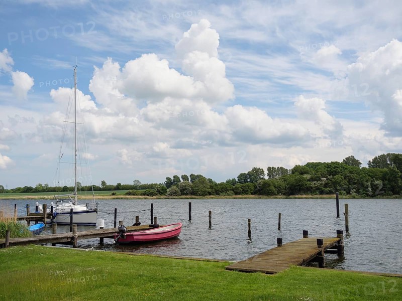 A calm harbour picture with boats at the jetty and a cloudy sky above the trees in the background, Kappeln, Schleswig-Holstein, Germany, Europe
