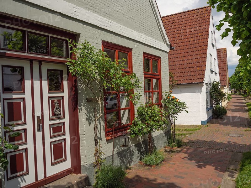 A brick-style house with red windows and a door, surrounded by plants, on a sunny day, Kappeln, Schleswig-Holstein, Germany, Europe