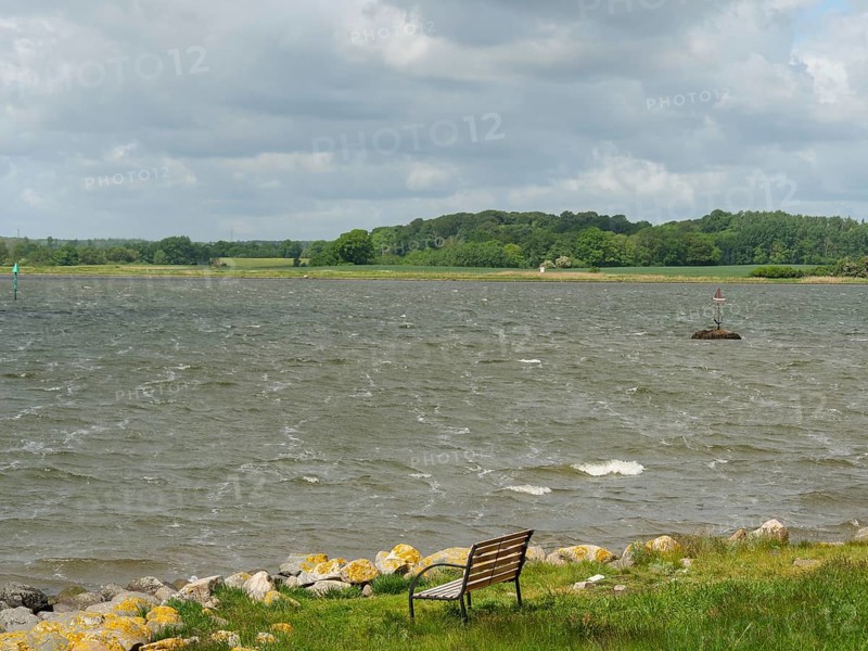 A river landscape with a bench in the foreground and a cloudy sky, Maasholm, Schleswig-Holstein, Germany, Europe