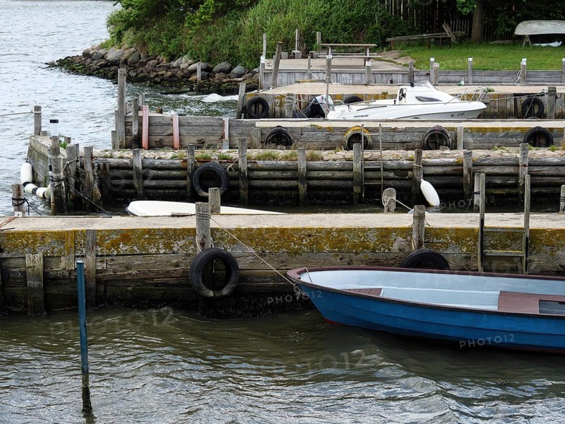 A quiet little harbour with several boats along a wooden jetty and surrounding green vegetation, Maasholm, Schleswig-Holstein, Germany, Europe