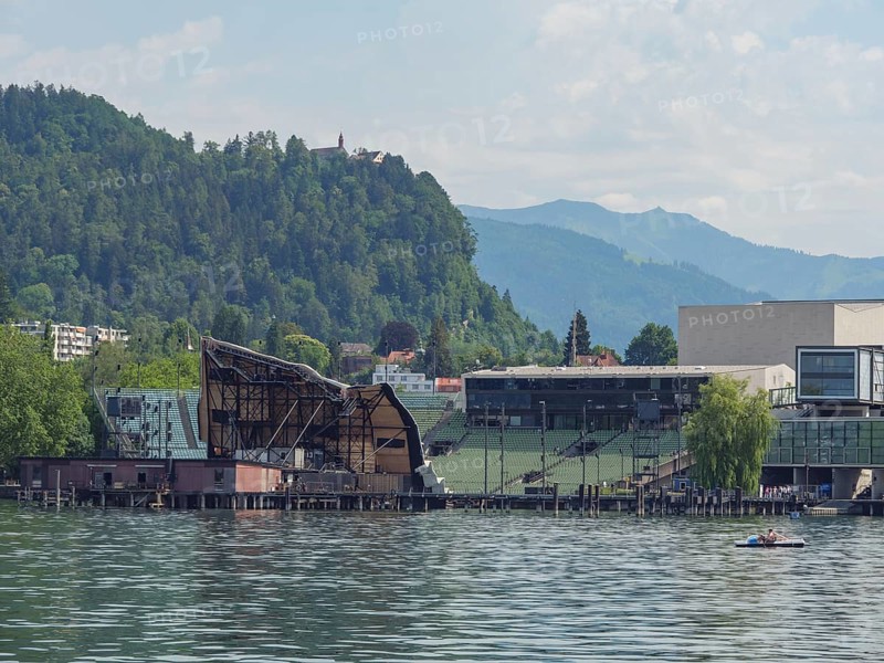 View of the lake stage in Bregenz with green hills and mountains in the background, Lindau, Lake Constance, Germany, Europe