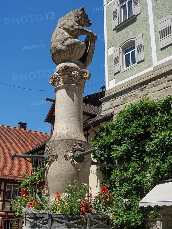 Large bear statue on a fountain in front of a historic building, surrounded by flowers on a sunny day, Meersburg, Lake Constance, Germany, Europe