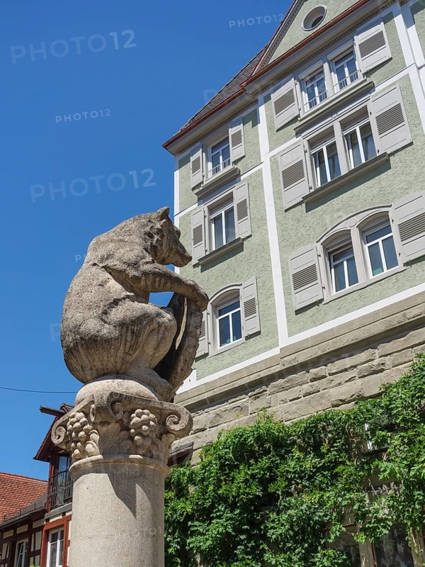 A bear statue on a column in front of a historic building with green plaster and overgrown walls under a blue sky, Meersburg, Lake Constance, Germany, Europe