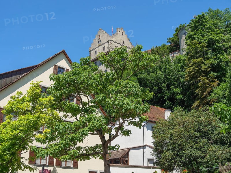 View of a medieval castle on a hill with trees and houses in the foreground on a sunny day, Meersburg, Lake Constance, Germany, Europe