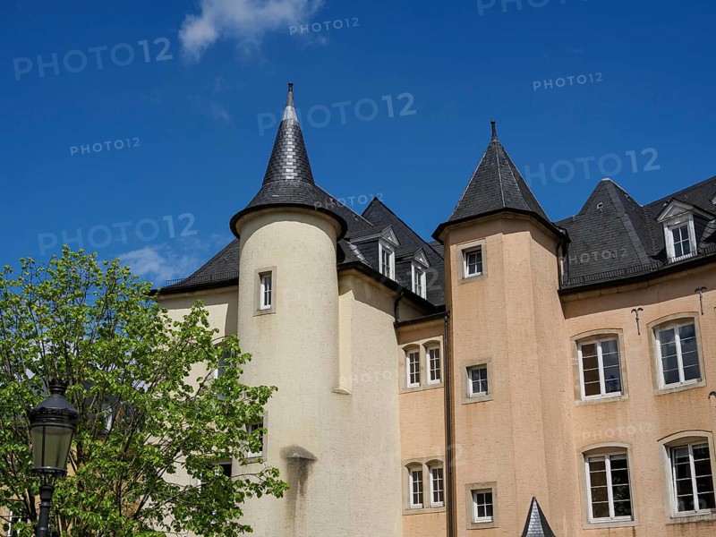 Historic building complex with striking towers and slate roofs, including a tree under a blue sky, Luxembourg City, Luxembourg, Europe
