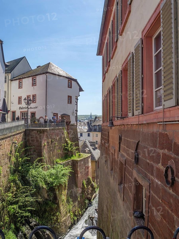 Historic buildings in a narrow alley of the old town, stone facades visible, Saarburg, Germany, Europe
