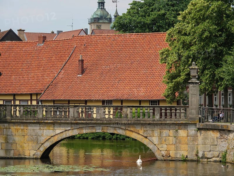 Stone bridge over a pond with red tiled buildings in the background and a duck in the water, Steinfurt, North Rhine-Westphalia, Germany, Europe