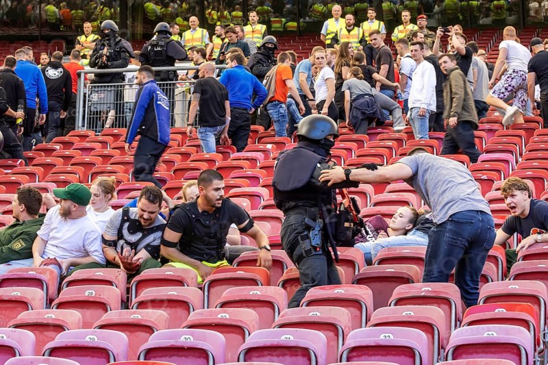 Baden-Württemberg police anti-terror exercise in the stadium. In the run-up to the European Football Championships, 1200 police officers rehearse for an emergency. Scenario: stabbing in the stands of the MHP Arena, VfB Stuttgart's stadium, which is also the venue for five European Championship matches. After initial treatment by the police, the handover of the injured to the emergency services and fire brigade was also rehearsed. Stuttgart, Baden-Württemberg, Germany, Europe