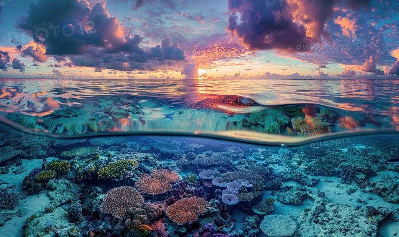 Split view image capturing a vibrant coral reef beneath a colorful sunset sky with dramatic clouds AI generated