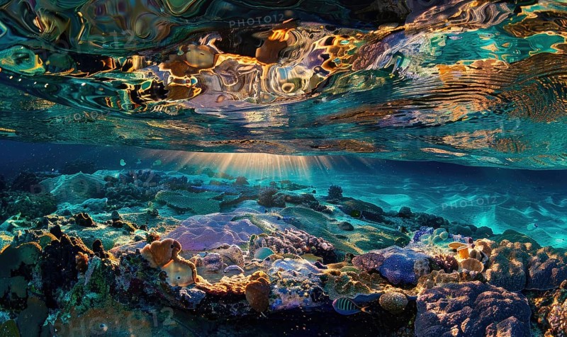 Sunlight penetrating the water surface, illuminating an intricate underwater coral reef with vibrant colors AI generated