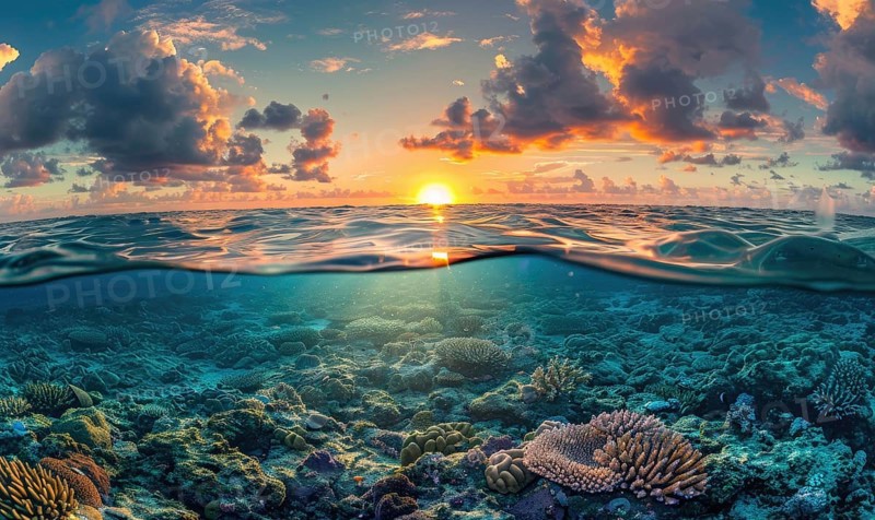 Half underwater view during sunset, showcasing colorful corals beneath the surface and a dramatic sky AI generated