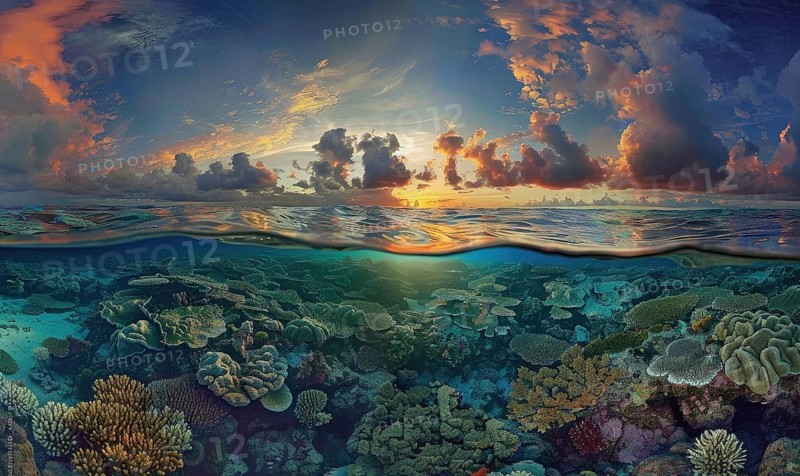 Split view image featuring a vibrant coral reef underwater and a dramatic sunset with colorful clouds above AI generated
