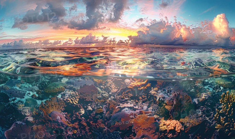 Half underwater view showcasing a vibrant sunset sky with a colorful coral reef beneath the surface AI generated