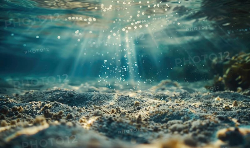 Underwater view with sun rays penetrating, illuminating the tranquil seabed with bubbles suspended in the water AI generated