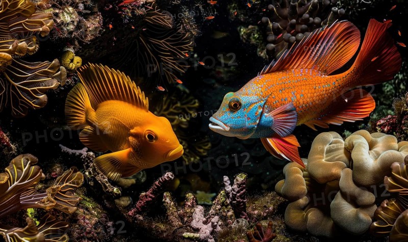 Cockerel fish and surgeonfish in the water closeup view AI generated