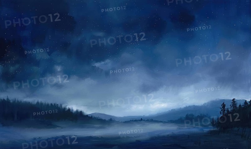 Painting of a foggy night sky with low-lying stratus clouds AI generated