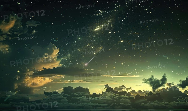 Night sky with scattered clouds and a shooting star AI generated