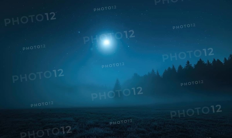 Night sky with low-lying fog and a sliver of moonlight AI generated