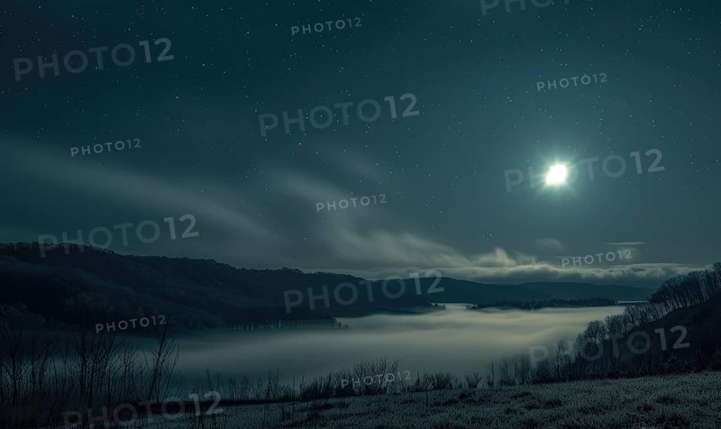 Night sky with low-lying fog and a sliver of moonlight, AI generated