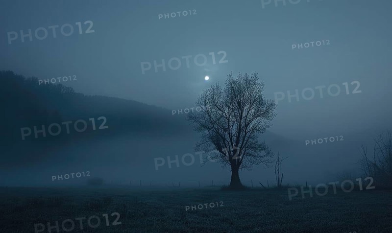Night sky with low-lying fog and a sliver of moonlight AI generated