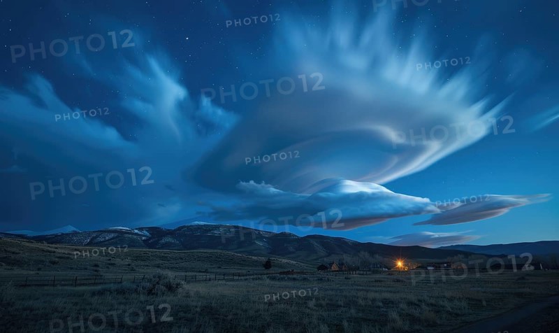 Night sky with lenticular clouds, strong winds AI generated