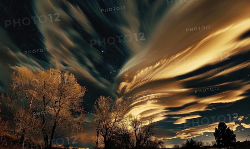 Night sky with lenticular clouds, strong winds AI generated
