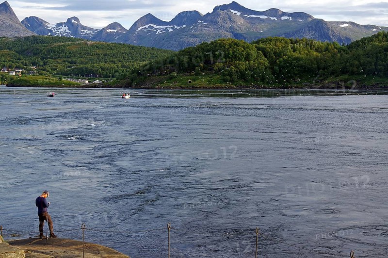 A man stands on the bank of a tidal stream, surrounded by green hills and mountains in the background, Saltstraumen, Nordland, Norway, Europe