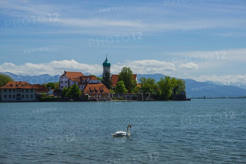 Baroque Church of St George and Castle, moated castle, Lake Constance, Bavaria, Germany, Europe