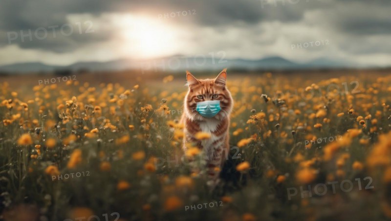 Cat with allergies in a medical mask in the spring, allergic reaction to flowers and dust in animals, AI generated