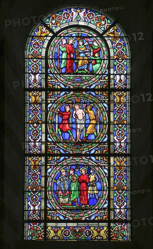 Romanesque stained glass window of the nave, Romanesque-Gothic Saint-Julien du Mans Cathedral, Le Mans, Sarthe department, Pays de la Loire region, France, Europe