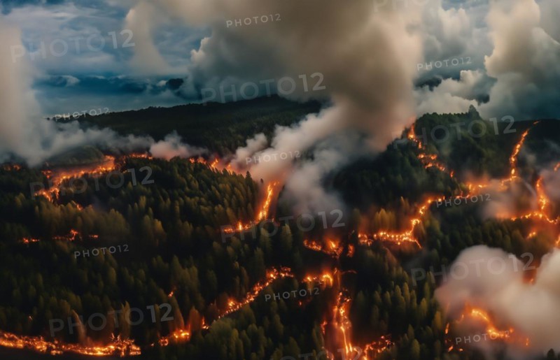 Forest fires view from above, trees are burning in the mountains, AI generated