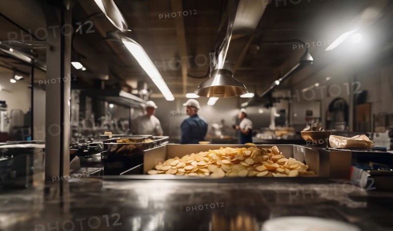 Production of potato chips at the factory, AI generated