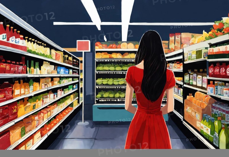 The beautiful woman is looking at the shelves to buy something from the supermarket. ai generative, AI generated