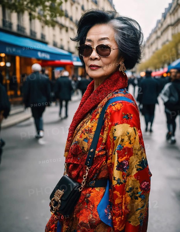 60 year old Asian female model in Paris Fashion Week. ai generative, AI generated