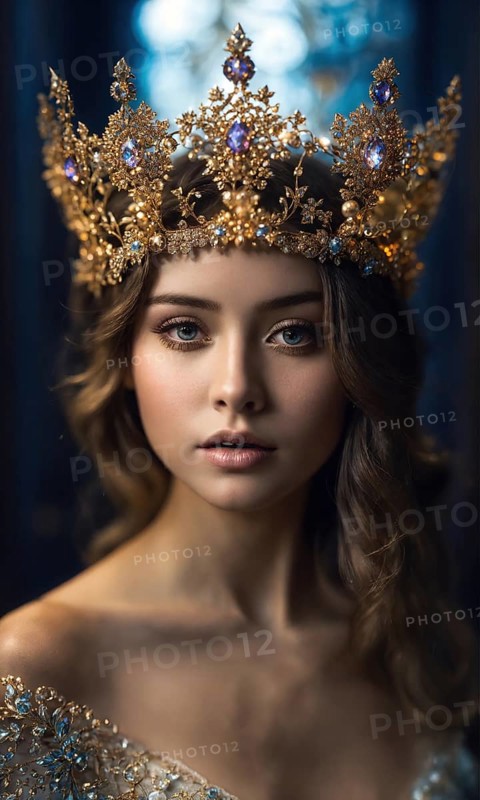 Portrait of beautiful young woman in crown. Luxury makeup and hairstyle. ai generative, AI generated