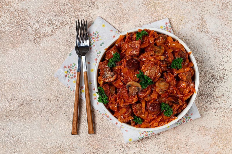 Bigos, bigus is a national Polish dish, made of cabbage and meat, stewed, homemade, no people