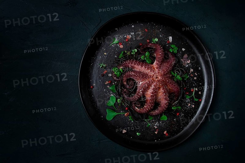 Octopus with black spaghetti, pasta, spices and herbs, top view, no people