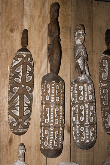 Asmat people: ethnic group living in the Papua province of Indonesia, along the Arafura Sea. Asmat carvings at the Asmat Museum in Agats. Photograph taken by Francois Gohier in 1976