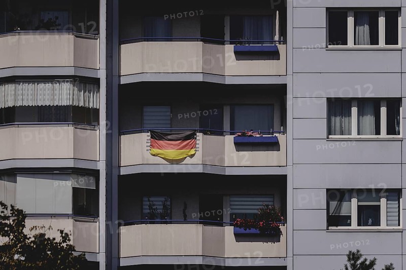 German flag on the balcony, taken in Berlin, 07/08/2024