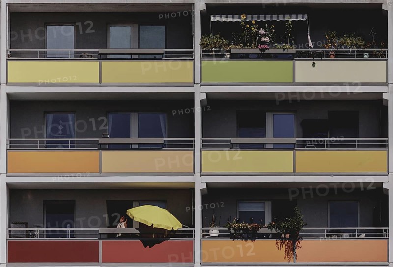 Balcony with parasol, taken at a block of flats in Marzahn in Berlin, 07/08/2024